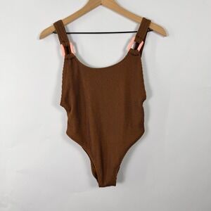 Aerie Real Good One Piece Cheekiest Swimsuit Brown Textured Peach Ring Size M